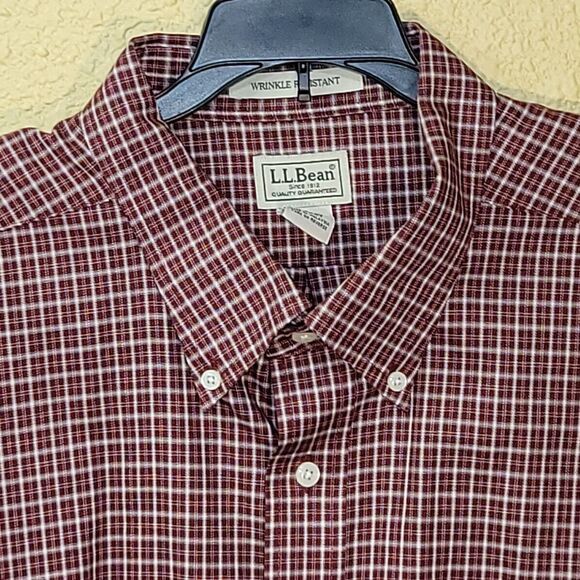 L. L. Bean Men’s Button-down Shirt SS Cotton Gingham Burgundy XXL - Picture 2 of 10